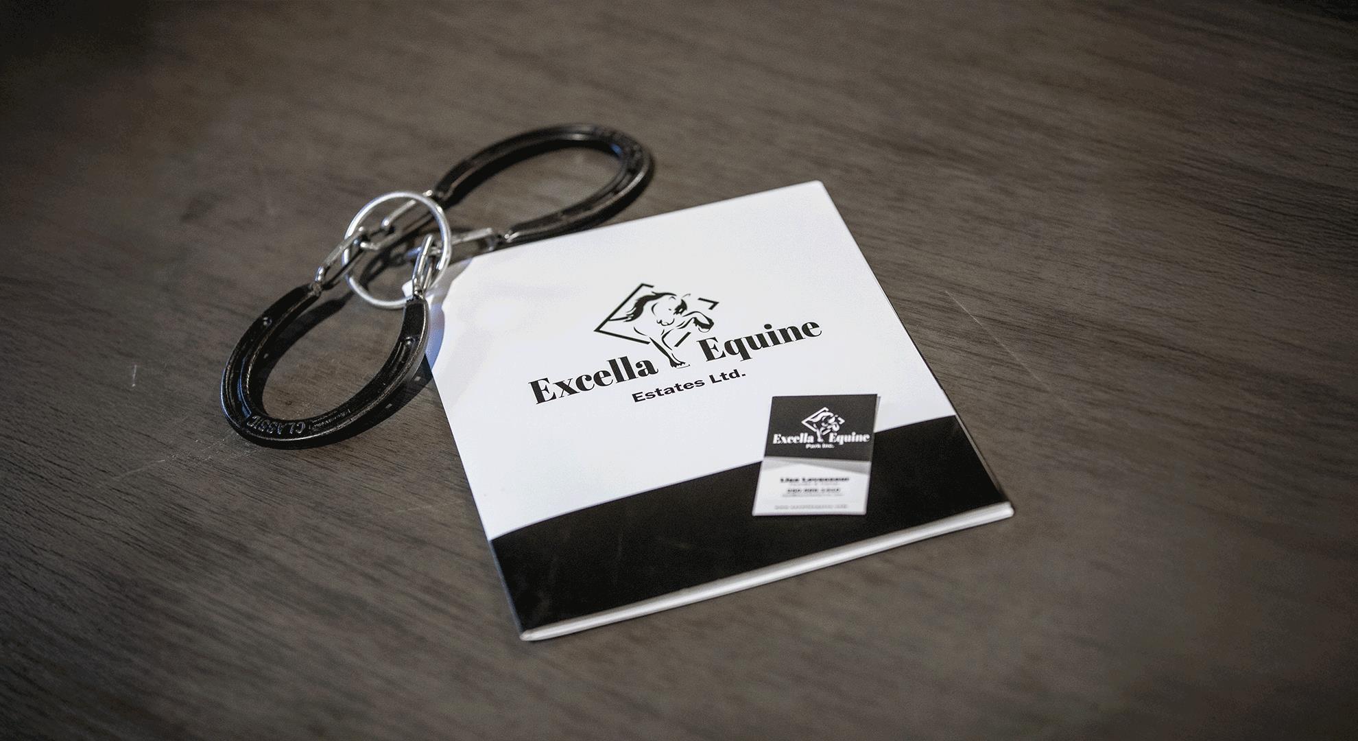 Marketing brochure, business card, and keys for Excella Equine Park’s horse boarding and equestrian services.